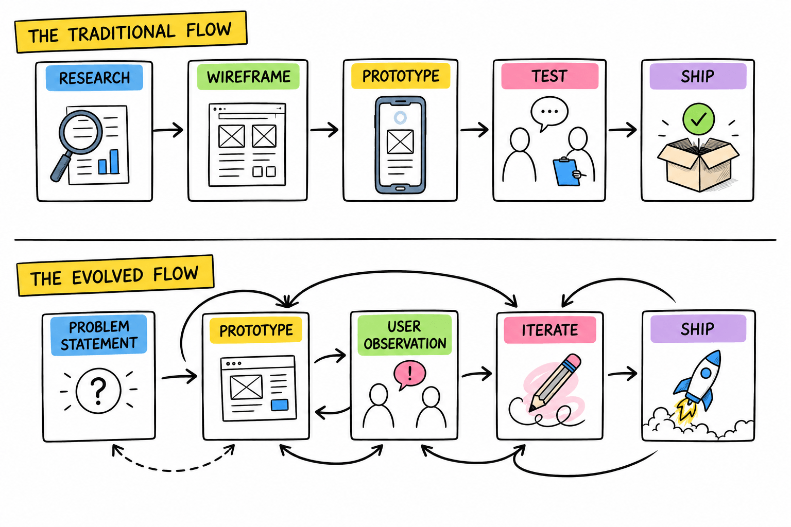 Two stacked diagrams. Top: a clean linear sequence labelled RESEARCH, WIREFRAME, PROTOTYPE, TEST, SHIP. Bottom: the same five stages reordered into a loop labelled PROBLEM STATEMENT, PROTOTYPE, USER OBSERVATION, ITERATE, SHIP, with looping arrows.