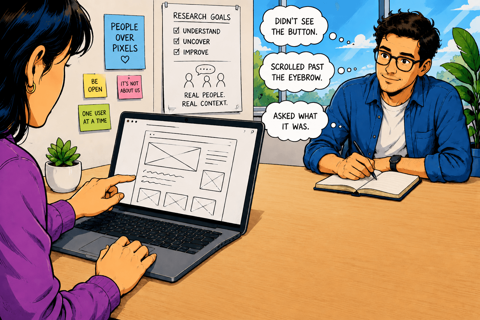Editorial illustration of a user interacting with a rough prototype on a laptop, surrounded by sticky-note observations like 'didn't see the button.' A designer in the background observes with a notebook.