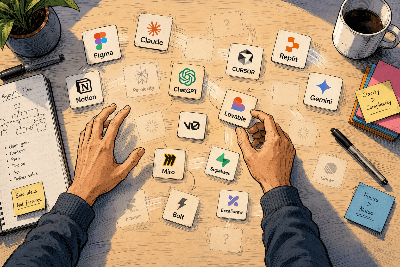 Editorial illustration of a designer's desk from above, covered in tool logos that are mid-morph between fading out and materialising. The designer's hands work calmly above the surface.