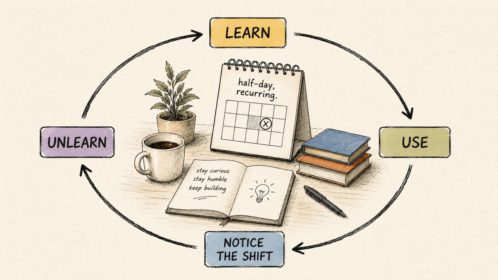 Diagram of a closed loop labelled LEARN, USE, NOTICE THE SHIFT, UNLEARN, returning to LEARN. A small calendar block inside the loop is labelled 'half-day, recurring.'
