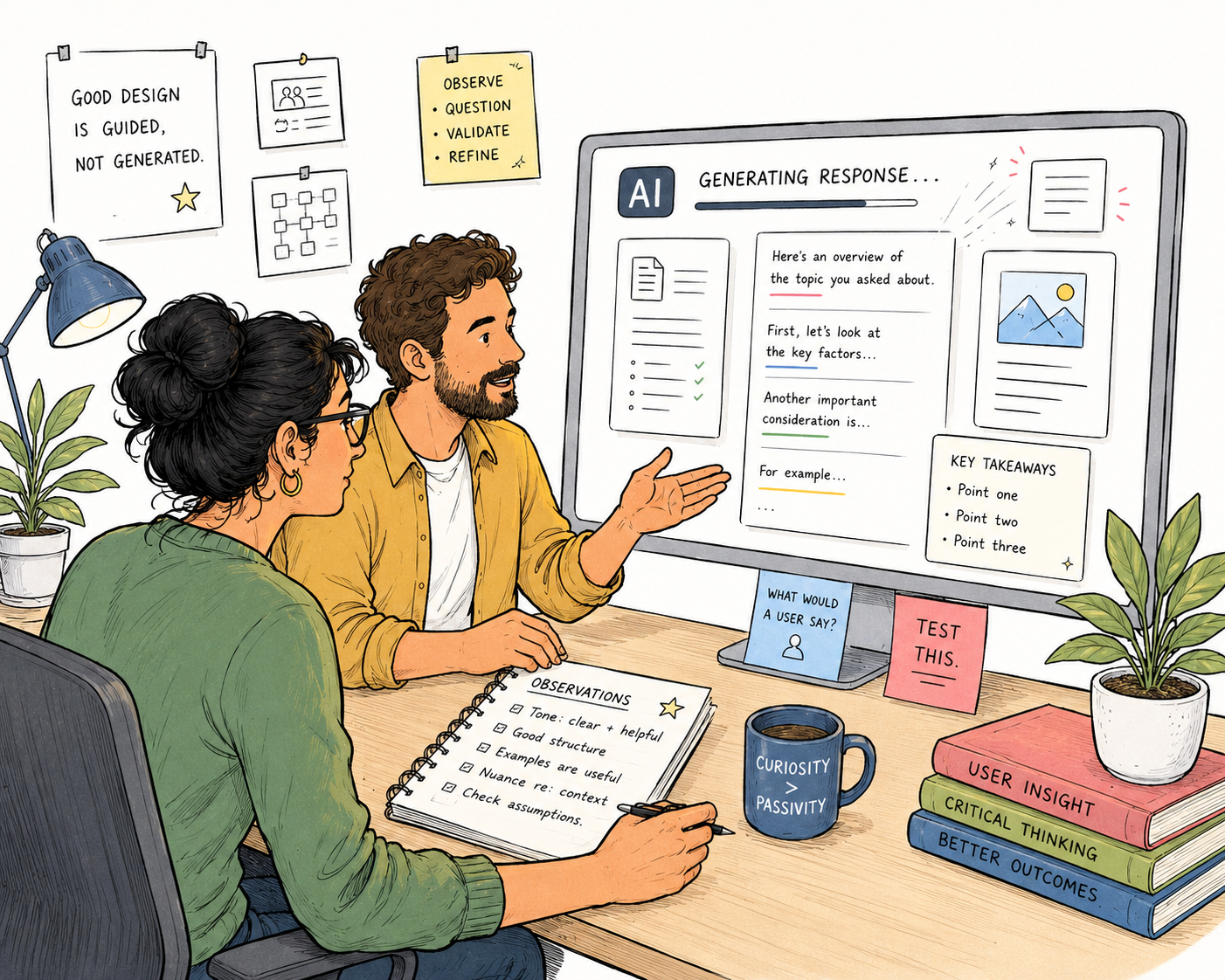 Editorial illustration of two designers engaged with an AI interface as it generates a response — one points at the screen mid-discussion while the other takes notes in an observations notebook rather than passively absorbing the output.