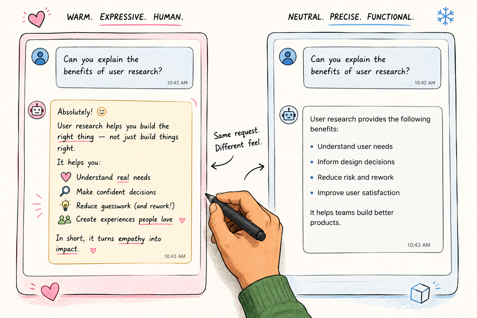 Two side-by-side chat panels answering the same user question. Left: a warm, expressive, human-sounding AI reply. Right: a neutral, precise, functional reply — mechanically correct but tonally flat. A hand annotates the gutter between them: same request, different feel.