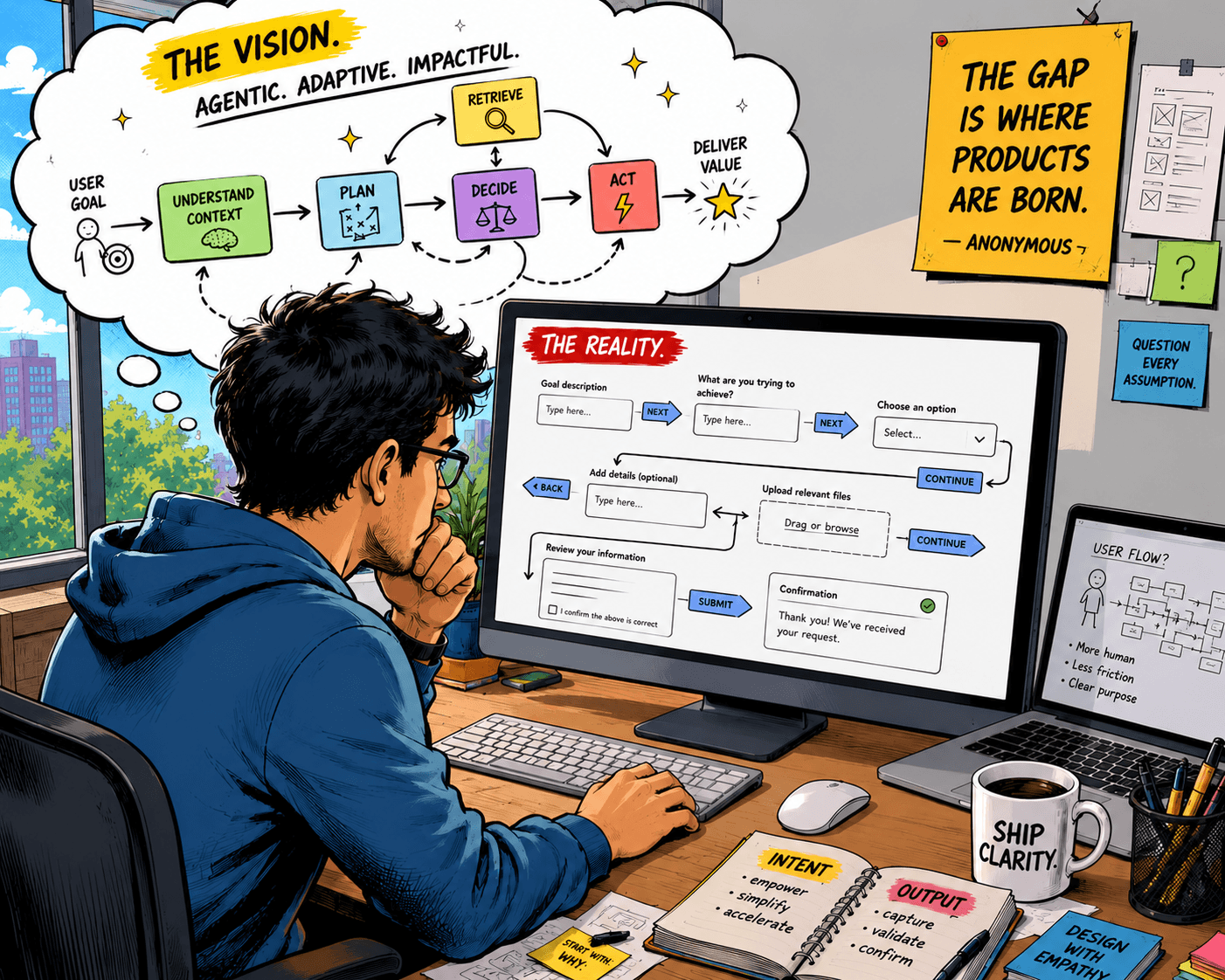 Editorial illustration of a designer sketching a flow that looks agentic at first glance, but on closer inspection is composed of buttons, form fields, and other deterministic UI patterns.