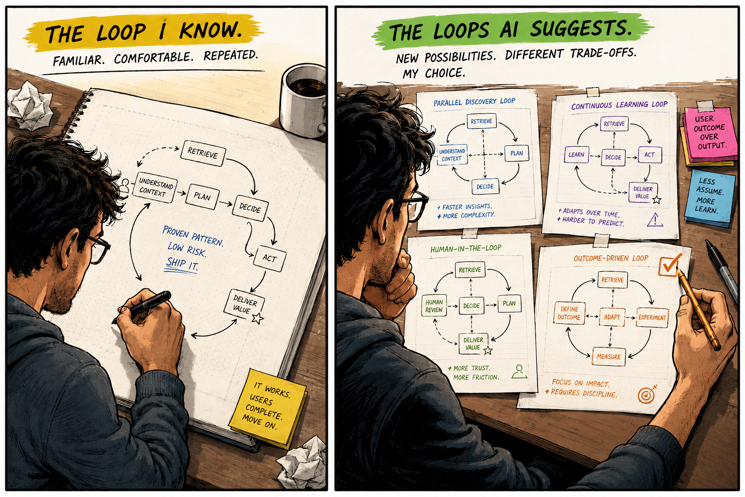 Two-panel editorial diagram. Left: the designer's pen tracing a single repetitive loop. Right: the same designer choosing from several AI-suggested loops scattered across the desk.