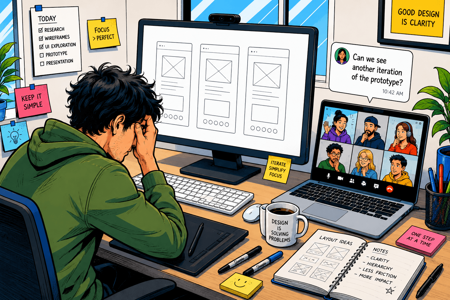 Editorial illustration of a designer at a desk overwhelmed by a tall stack of nearly-identical mockup printouts, with a speech bubble overhead asking 'can we see one more variant?'