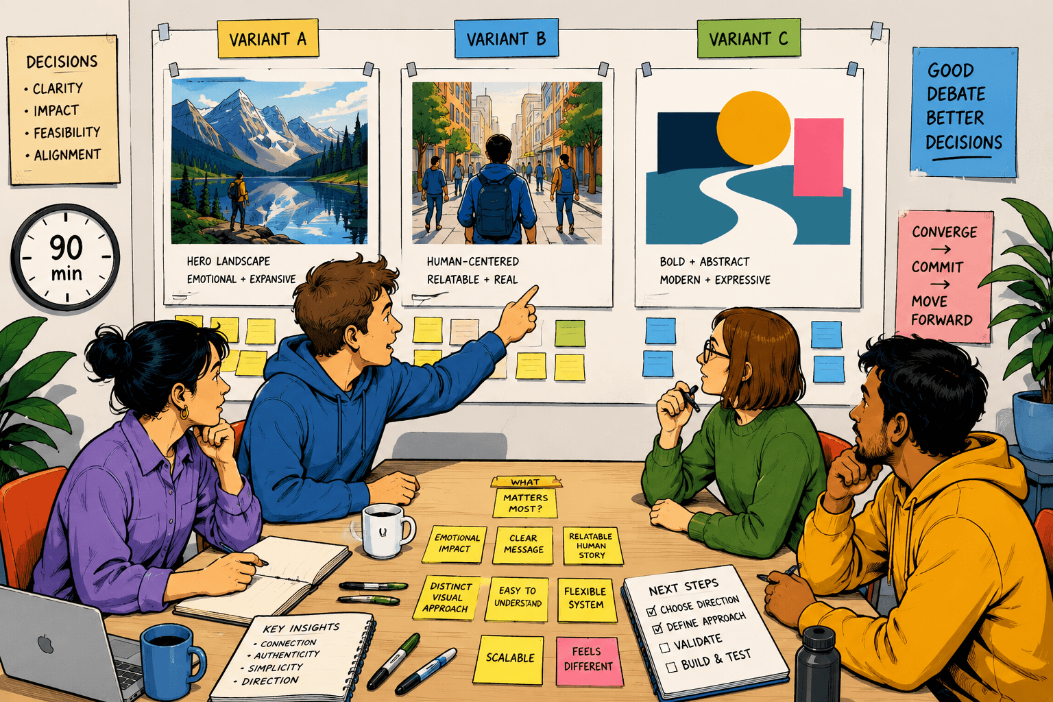 Editorial illustration of three clearly different design variants pinned to a wall, with a small group at a workshop table mid-discussion. A clock on the wall reads 90 min.