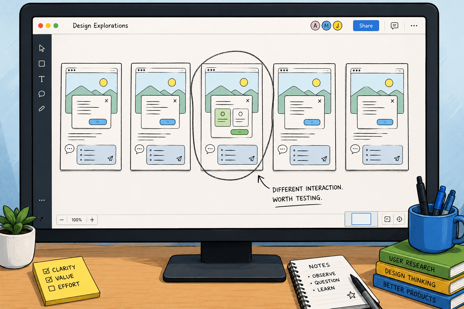 Editorial illustration of five near-identical AI-generated UI mockups laid out in a row on a desk. One of them, slightly off-grid, has been pulled forward and circled with a hand-drawn pencil mark.
