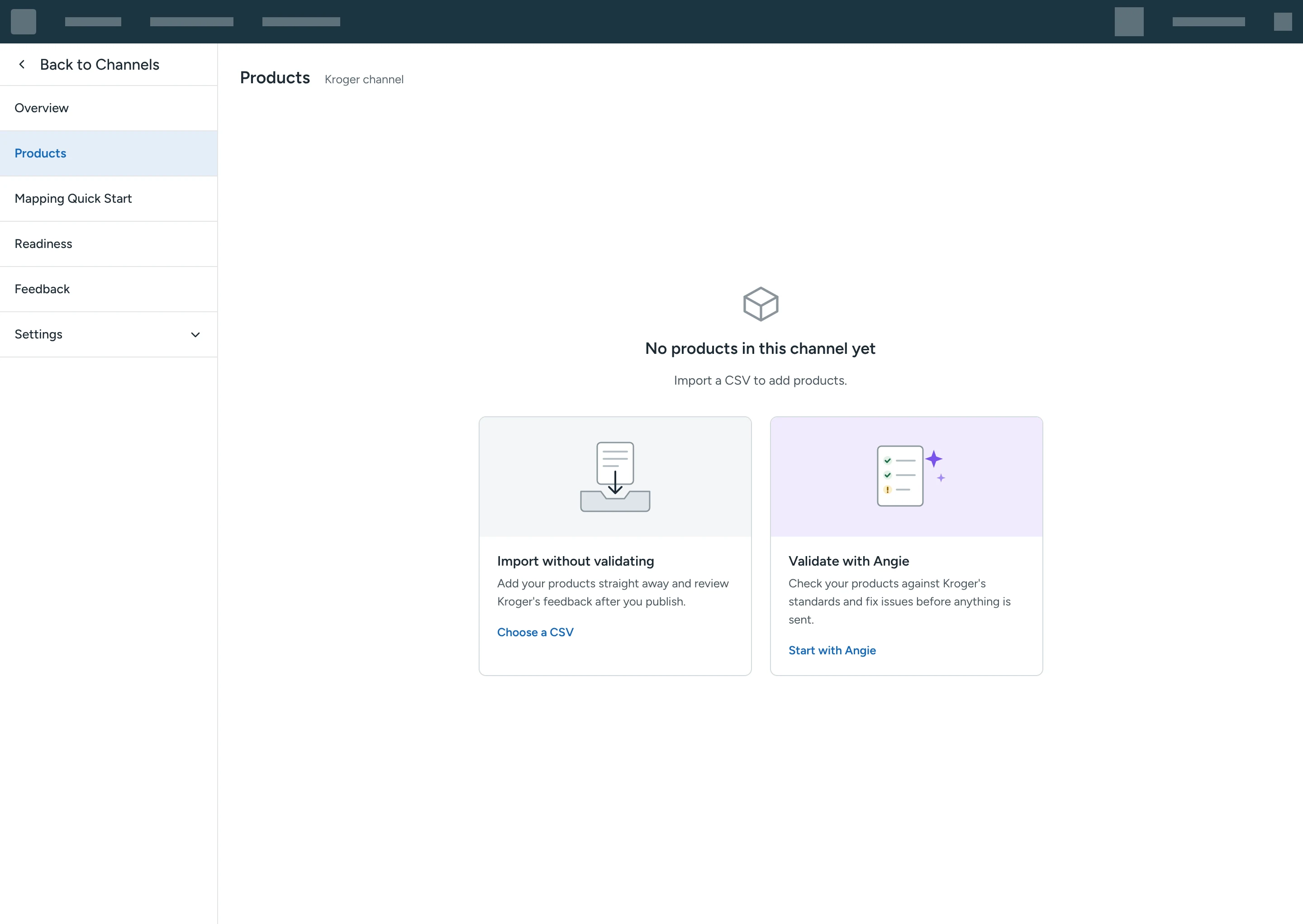Empty Products page offering two options: Import without validating, and Validate with Angie