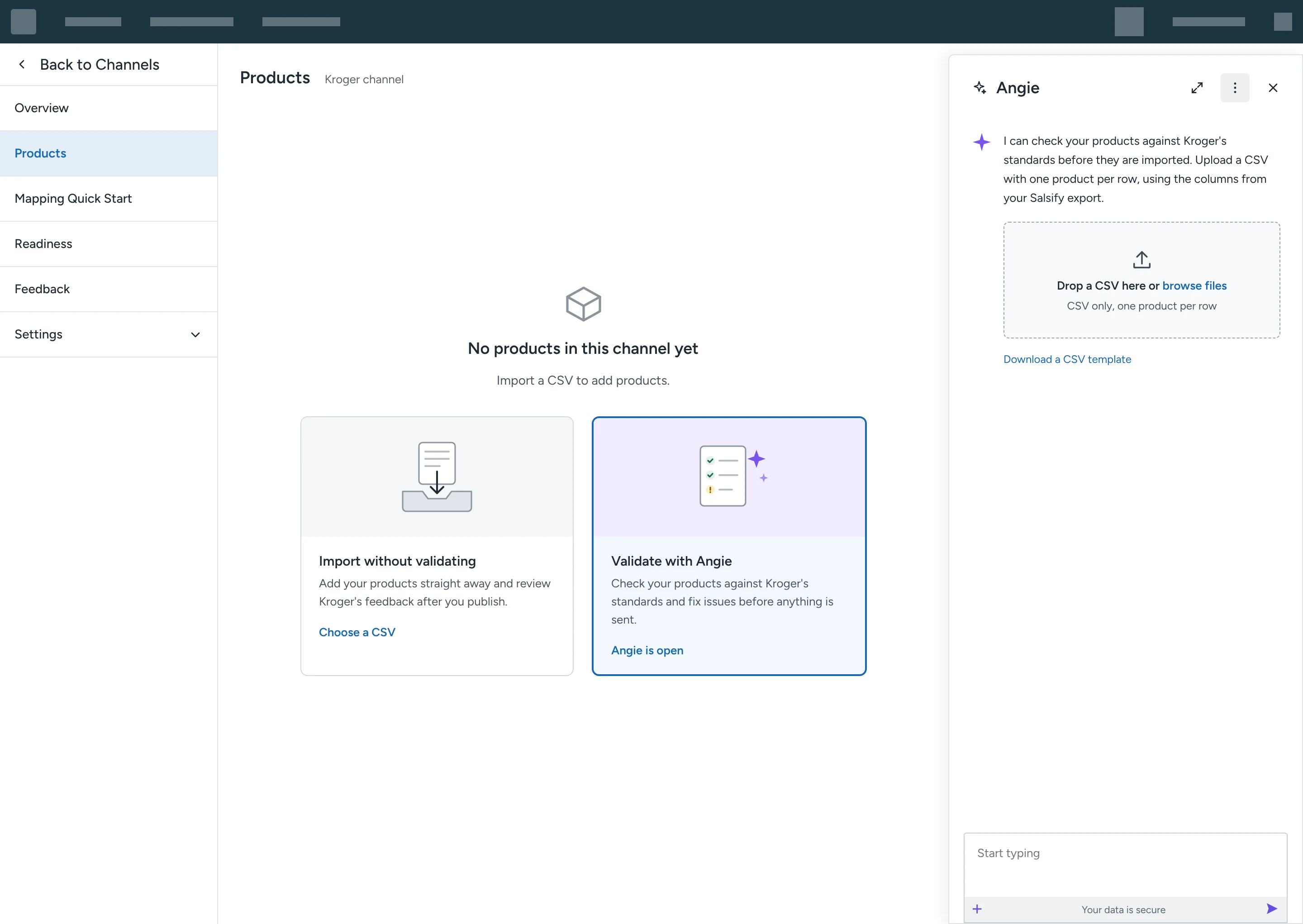 Angie panel open beside the empty Products page, asking the customer to upload a CSV