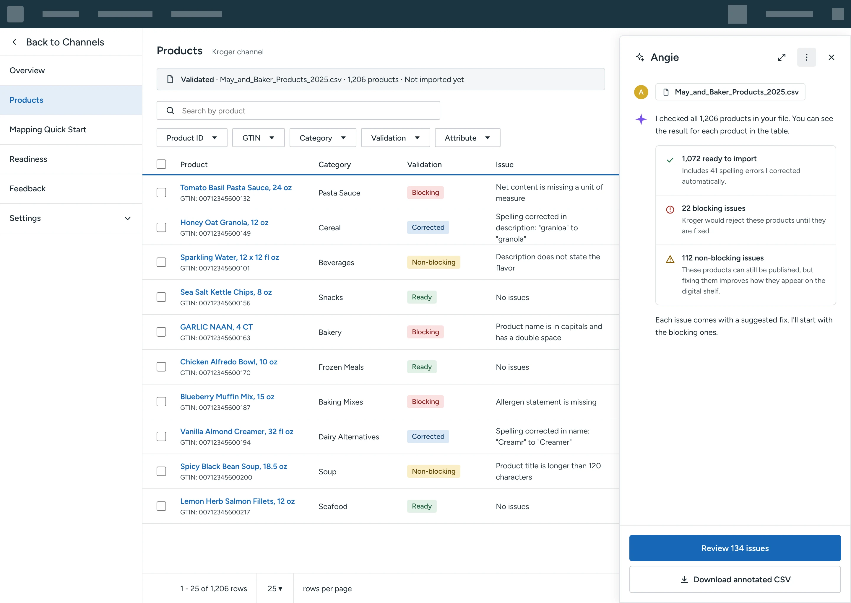Products table previewing the uploaded file with a validation status per product, and Angie's summary of ready, blocking and non-blocking issues