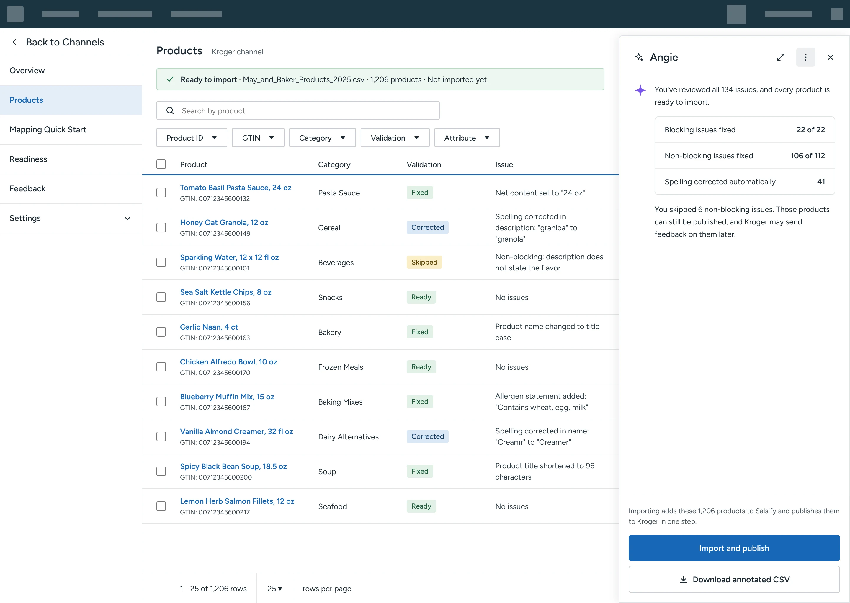 Review summary with Import and publish as the primary action and Download annotated CSV as the secondary action