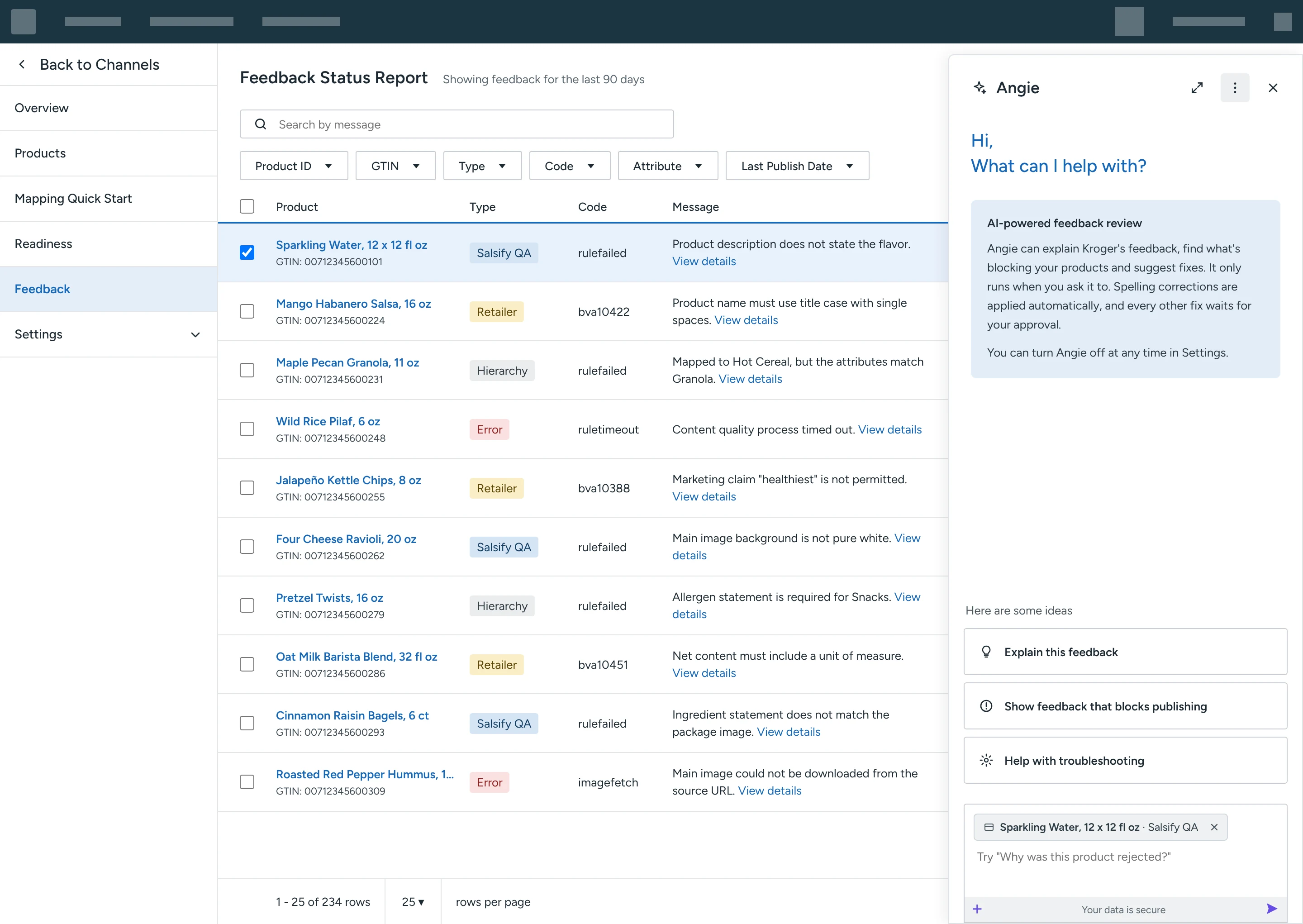 Feedback Status Report with a selected row and the Angie welcome panel showing three starting points and the selected row in the message input
