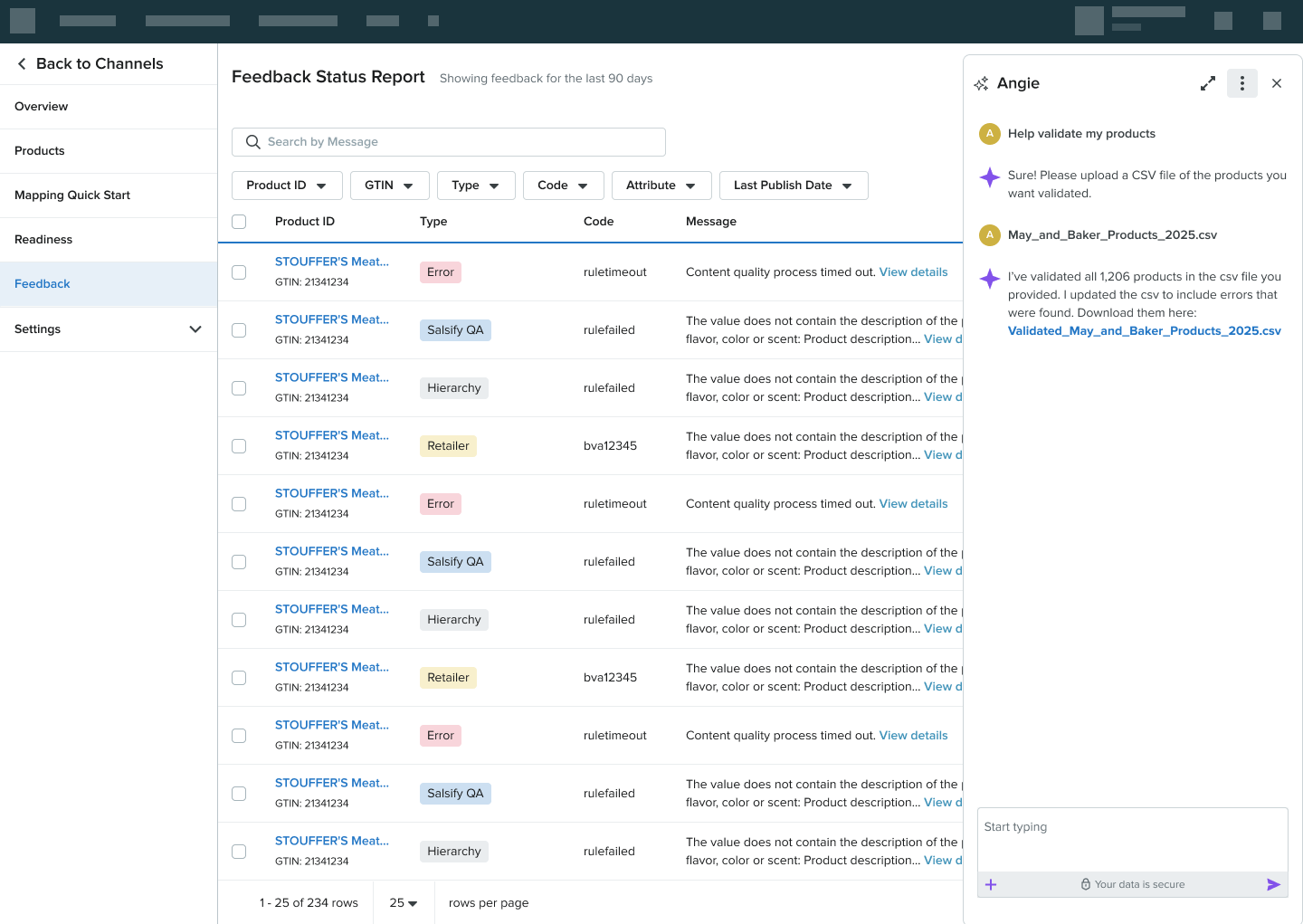 Angie chat panel showing per-error context, reasoning, and accept/try-again controls