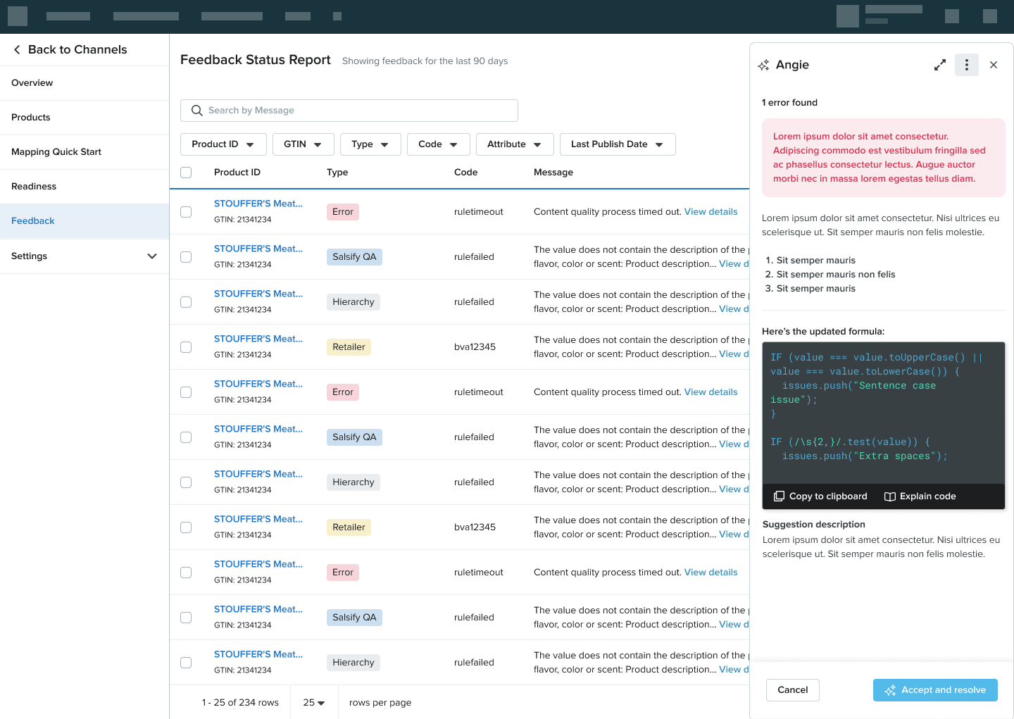 Angie chat panel extended exchange showing rule logic, formula snippet, and accept/try-again actions