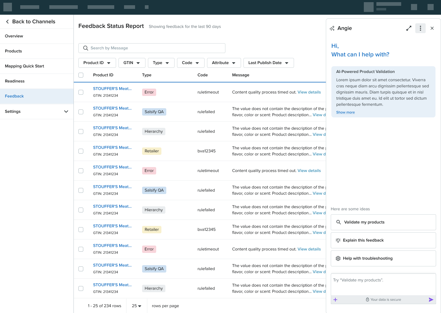 Salsify Angie AI copilot start screen inside the Feedback Status Report