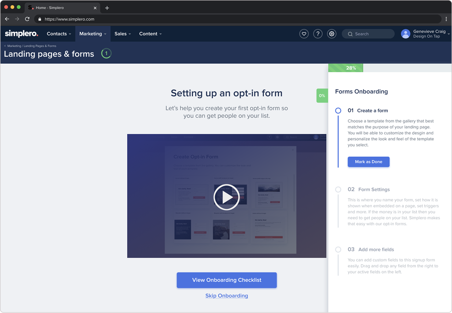 Simplero onboarding step: setting up an opt-in form