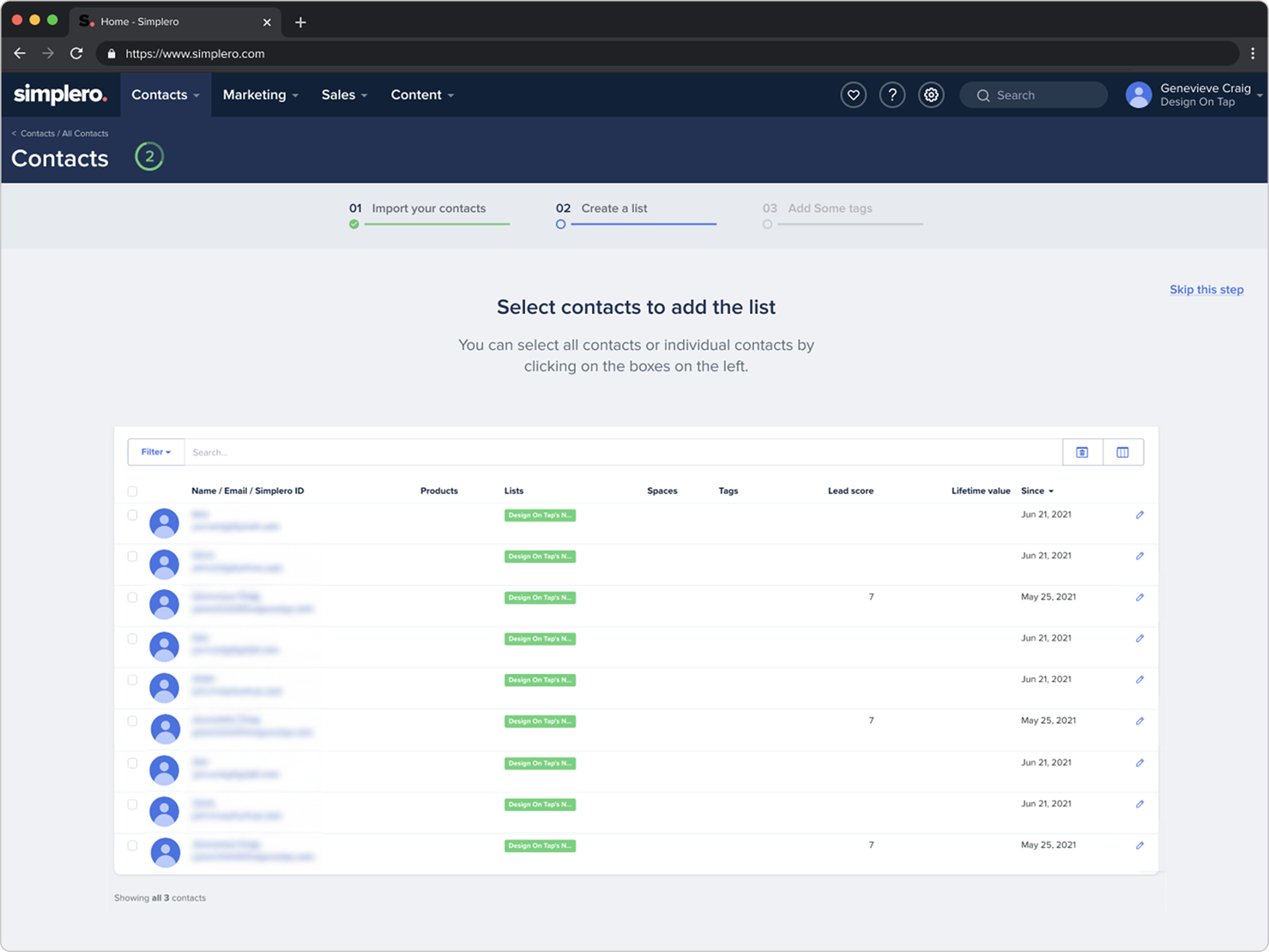 Simplero onboarding step: import your contacts
