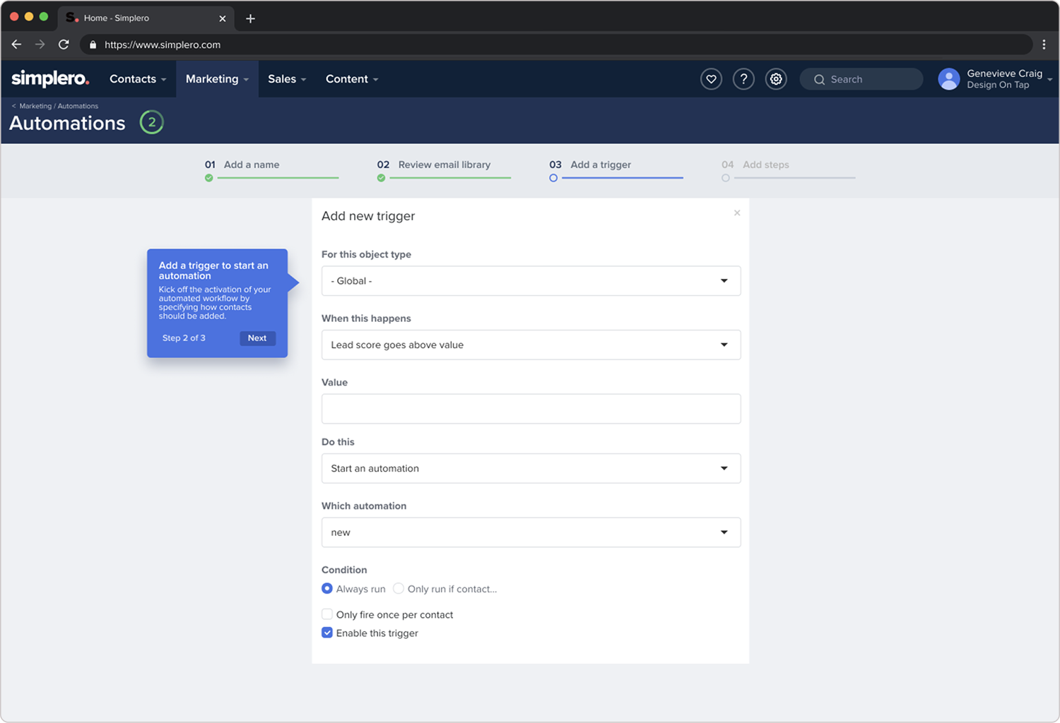 Simplero onboarding step: setting up automations and adding a new trigger