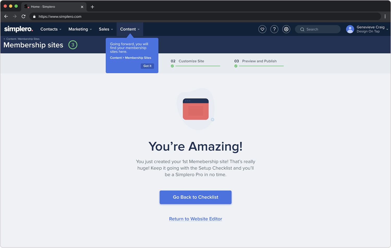 Simplero onboarding complete state